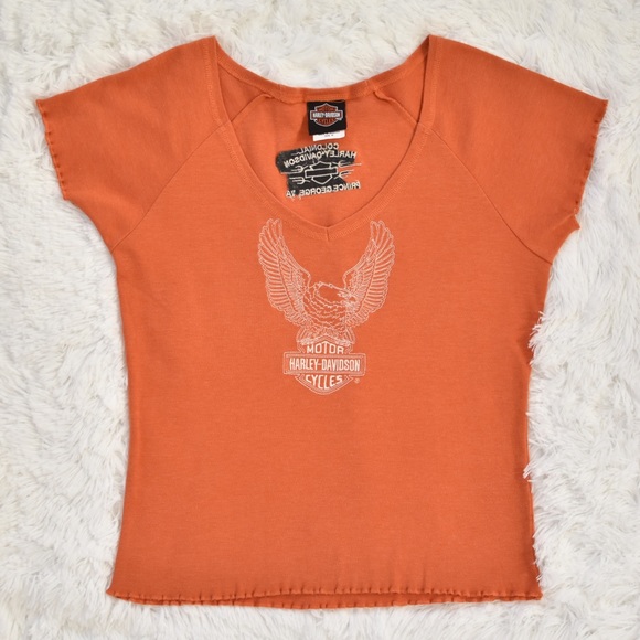 Harley Davidson Orange Embroidered Eagle T-Shirt - Picture 2 of 6